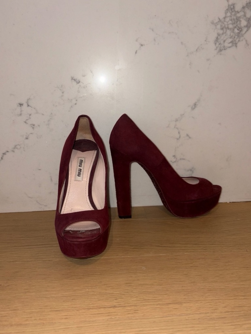 Miu Miu Burgundy Suede Peep-Toe Platform Heels - Picture 2 of 4